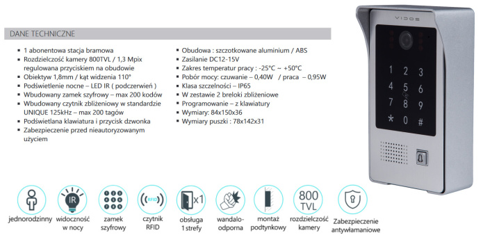 Zestaw wideodomofonu natynkowego z czytnikiem RFID i szyfratorem Vidos S20DA M901FH